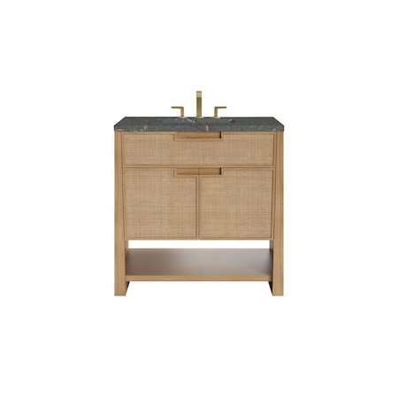 James Martin Vanities Solene 36 in. Single Vanity, Seaside Oak, w/ 3 CM Parisien Bleu Quartz Top D225-V36-SSO-3PBL