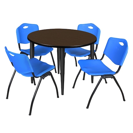 Regency Round Kahlo Breakroom Table W/ 4 M Stack Chairs, 36 in W, 36 in L, Neo Walnut TPL36RNDNWBK47BE