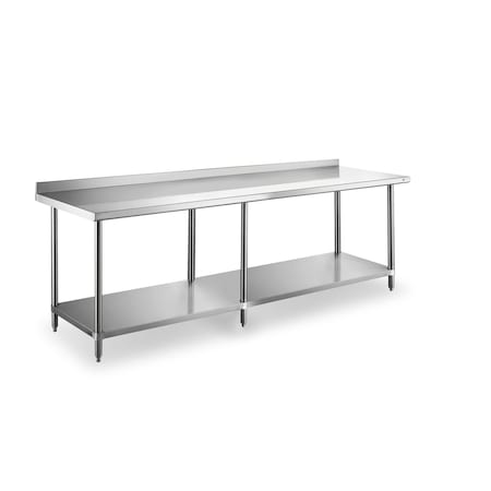 Steel Works Worktable 30"X84"X34"H 18GA 304S/S top shelf with 2" rear edge up SWWTS-3084-2R-318