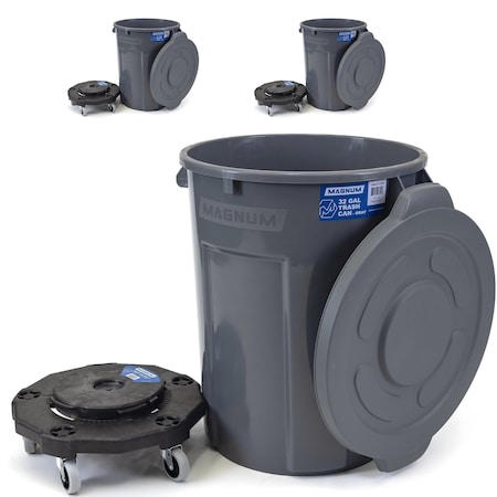 Magnum Tool Gray 32 Gallon Trash Can Set (Trash Can, Quiet Dolly, and Reinforced Lid) (3 Set) CMTC-CLD0-32G03