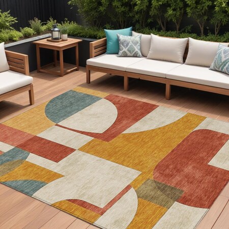 Homeroots 9' X 12' Coral Gold And Ivory Geometric Washable Indoor Outdoor Area Rug 617906