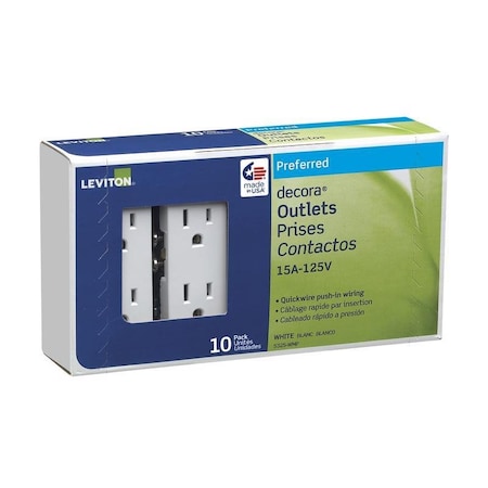 Leviton Decora 15 amps 125 V Duplex White Outlet 5-15R, 10PK 05325-WMP