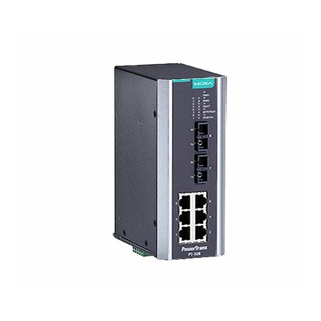 Moxa IEC 61850-3 managed Ethernet switch with 6 10/100BaseT(X) ports, and 2 100Bas PT-508-SS-SC-48