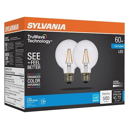 Sylvania Natural LED Bulb, G25 Lamp, 60 W Equivalent, E26 Medium Lamp Base, Dimmable, Clear, Daylight Light 41334