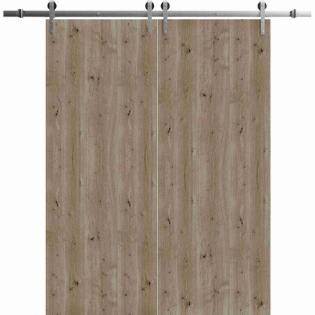 Sartodoors Modern Double Barn Door 56 x 80 inches, BASIC 3001 Caramel Oak, 13FT Silver Rail Track Set, Solid BASIC3001DB-S-NATUR-56