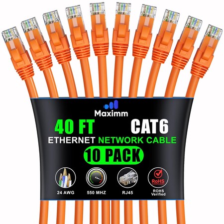 Maximm Cat6 Ethernet Cable 40ft 10Gbps 550MHz UTP, 10PK, Orange, 10PK CAT6CCA-40OR10PK