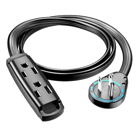 Maximm 3ft 14AWG 3-Outlet 360 degrees Flat Plug Extension Cord w/ Loop, UL, Black ADW-S360-C1F03-14B0