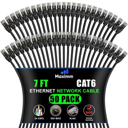 Maximm Cat6 Ethernet Cable 10Gbps 550MHz UTP, 50PK, Black, 50PK BK50PK09