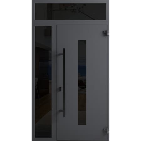 Vdomdoors Front Exterior Prehung Steel Door Ronex0130 Grey Sidelight and Transom Window Sidelite Entry Metal RONEX0130EXD-GRE-W36+16 x H80+16-LH-I