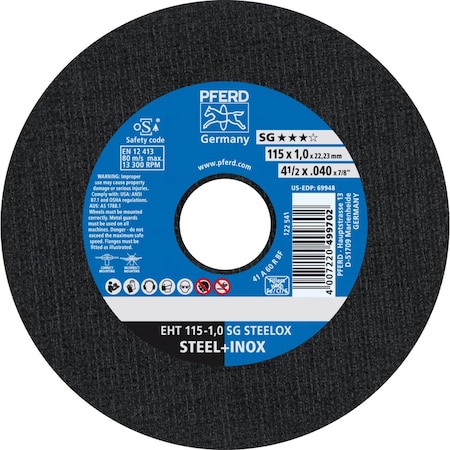 Pferd Cut-Off Wheel, Type 1, 4-1/2 in Dia, 0.040 in Thick, 7/8 in Arbor Hole Size, Aluminum Oxide 69948