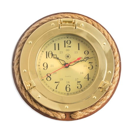 Alegria International  Brass Porthole Quartz Clock with Fishermans Rope on Dark Cherry Wood & Gold AL3353750