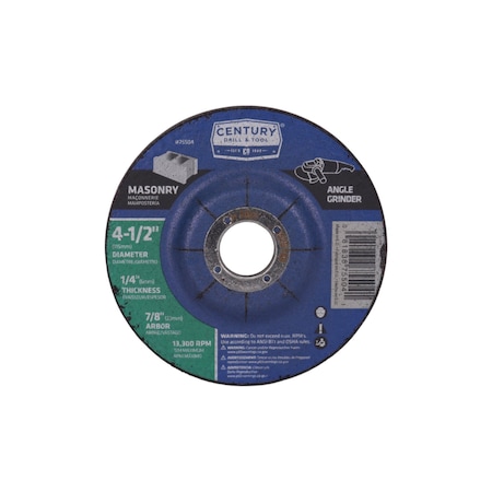 Century Drill & Tool Grinding Wheel, 4-1/2x1/4 in., Type 27, Type 27, 4-1/2 in Dia, 1/4 in Thick, 7/8 in Arbor Hole Size 75504