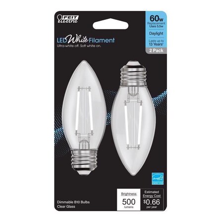 Feit Electric White B10 E26 (Medium) Filament LED Bulb Daylight 60 Watt Equivalence, 2PK BPETC60950WFIL2