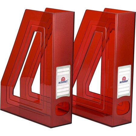 Acrimet Magazine File Holder Vertical Rack, Durable Plastic Desk Organizer, Clear Red, 2PK 277.3