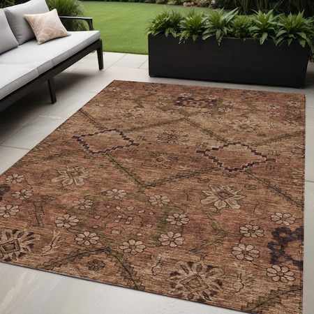 Homeroots 5' X 8' Orange Copper And Brown Floral Washable Indoor Outdoor Area Rug 588907