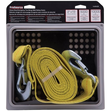 Prosource Emergency Tow Strap, 10,000 lb, 2 in W, 15 ft L, Hook End, Polyester Webbing, Steel Hook, Yellow FH64061