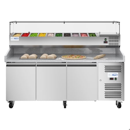 Koolmore 79 in. Three-Door Refrigerated Granite Top Pizza Prep Station w/ Refrigerated Condiment Pan Holder KM-RPCPS-2D79-GRT