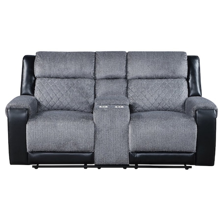 Homeroots 76" Gray and Black Faux Leather and Microfiber Manual Reclining Loveseat With Storage 561566