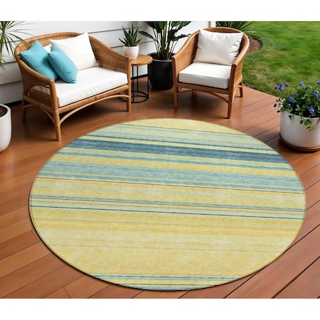 Homeroots 8' Yellow Denim Blue And Sky Blue Round Striped Washable Indoor Outdoor Area Rug 614859