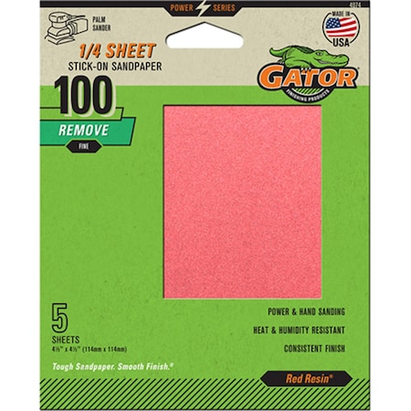 Gator Finishing Red Resin 1/4 Sheet Stick-On Sandpaper, 100 Grit, 5PK 4074