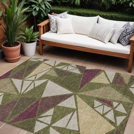 Homeroots 8' X 10' Olive Green Ivory And Burgundy Geometric Washable Indoor Outdoor Area Rug 600387