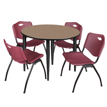 Regency Round Kahlo Breakroom Table W/ 4 M Stack Chairs, 48 in W, 48 in L, Noble Oak TPL48RNDNOBK47BY