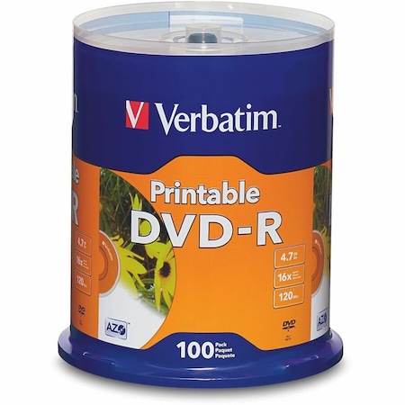 Verbatim Americas Verbatim DVD Recordable Media - DVD-R - 16x - 4.70 GB - 100 / Pack - White - 120mm - Printable 95153