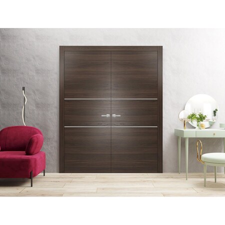Sartodoors Solid French Double Doors, Planum 0110 Chocolate Ash and Aluminum Strips, Wood Solid Panel Frame Tr PLANUM0110DD-CA-72