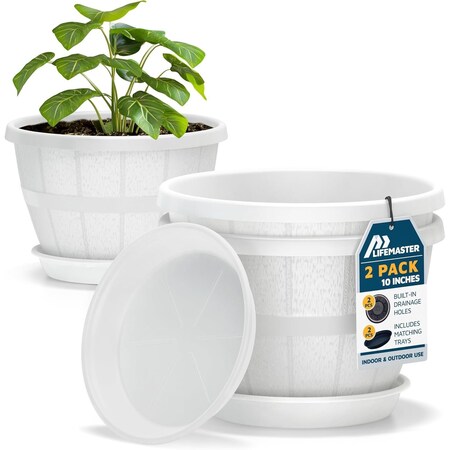 Lifemaster 10-Inch Whiskey Barrel Planters, Durable Plastic Pots with Drainage and Saucer, 2PK LMPBP2WHE22