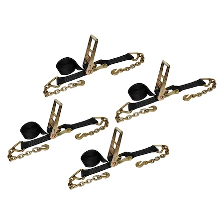 Tie 4 Safe 3'' x 30' Ratchet Strap w/ Chain Extension. WLL: 5,400 LBS Black, 4PK RT20R-1530-F87-BLK-C-4