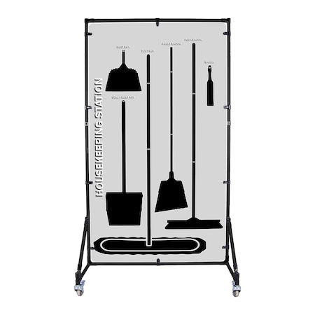 5S Supplies 5S Housekeeping Shadow Board Broom Station Version 2 - Gray Board / Black Shadows With Broom HSB-V2-GRAY/BLACK-KIT