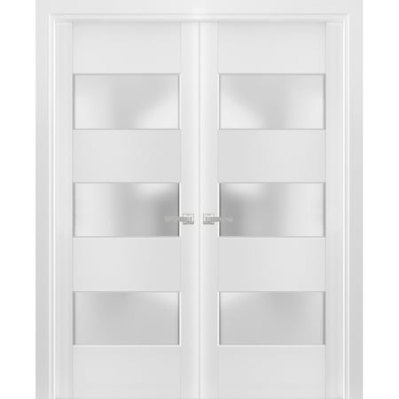 Sartodoors Solid French Double Doors Frosted Glass 3 Lites, Lucia 4070 White Silk, Wood Solid Panel Frame Trim LUCIA4070DD-WS-6484