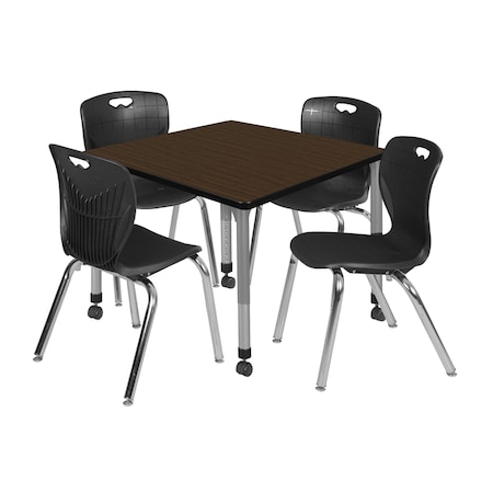 Regency Square Kee Mobile Adjustable Classroom Table W/ 4 Andy Chairs, 36 in W, 36 in L, Neo Walnut TB3636NWAPCGY40BK