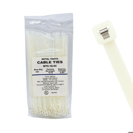 Cable Ties Unlimited Metal Tooth Cable Tie, 6 in L, 18 lb Strength, 1.4 in Max Bundle Dia, Nylon, Natural, 100PK MT6-18-9C