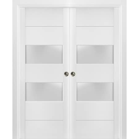 Sartodoors Sliding French Double Pocket Doors 64 x 80 inches Frosted Glass 2 lites, Lucia 4010 White Silk, Kit LUCIA4010DP-WS-64