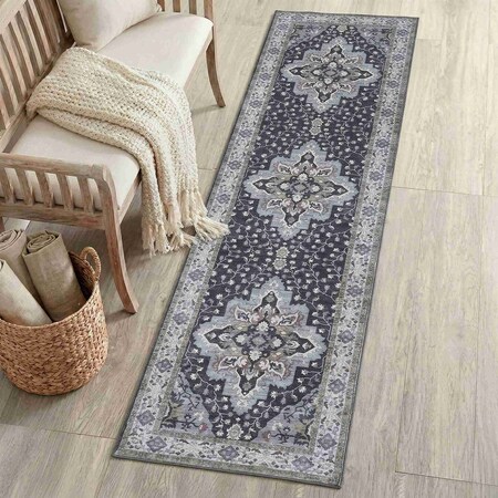 Jonathan Y Superbia Boho Medallion Border Non-Slip Machine-Washable Gray/Charcoal 2 ft. x 8 ft. Runner Rug WSH502D-28