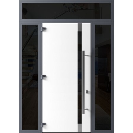 Vdomdoors Front Exterior Prehung Steel Door Ronex1011 Grey 96 2 Sidelight and Transom Window Sidelite RONEX1011EXD-GRE-W14+36+14xH96+16-RH-I