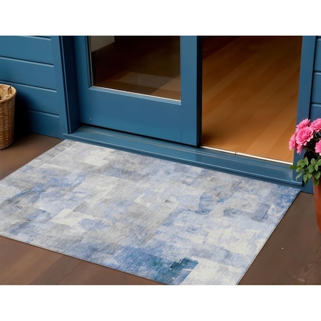 Homeroots 3' X 5' Denim Blue Gray And Ivory Abstract Washable Indoor Outdoor Area Rug 618082