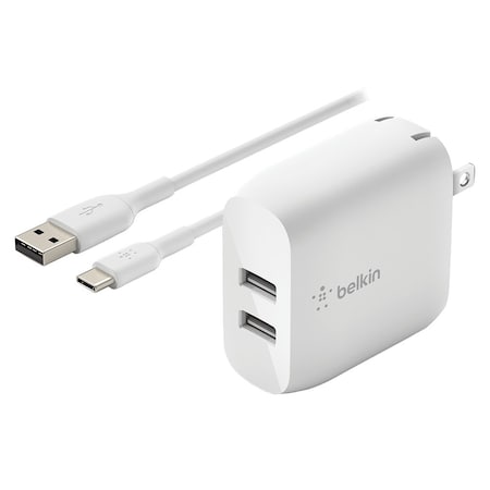 Belkin Dual Port Usb A 24w Wall Charger With Usb A To Usb C Cable 3ft, White WCE001DQ1MWH