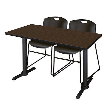 Regency Cain T-Base Training Seminar Table W/ 2 Zeng Stack Chairs, 48 in W, 24 in L, Neo Walnut MTRCT4824NW44BK