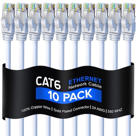 Maximm Cat6 Ethernet Cable 1ft 10Gbps 550MHz UTP, 10PK, White, 10PK CAT61FT10PKWhite