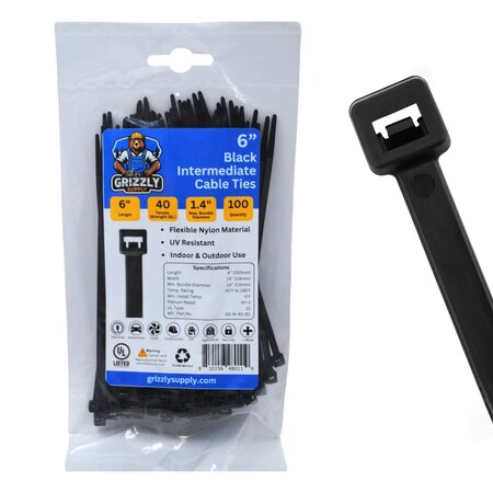 Grizzly Supply Cable Tie, 6 in L, 40 lb Strength, 1.4 in Max Bundle Dia, Nylon 6/6, UV Resistant, Black, 100PK GS-I6-40-0C