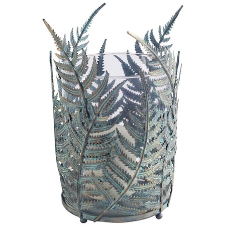 Homeroots 11" Green And Gold Distressed Botanical Leaf Metal Tabletop Hurricane Candle Holder 608515