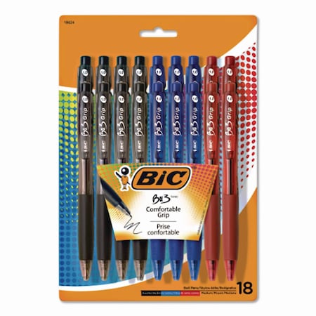 Bic BU3 Ballpoint Pen, Retractable, Medium 1 mm, Assorted Ink and Barrel Colors, 18PK BU3P18-AST