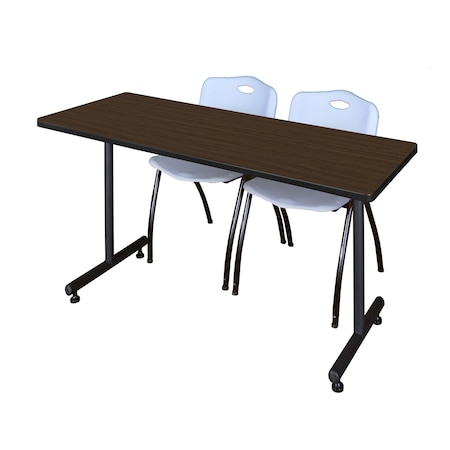 Regency Kobe T-Base Training Seminar Table W/ 2 M Stack Chairs, 66 in W, 30 in L, Neo Walnut MKTRCT6630NW47GY