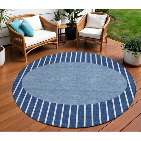 Homeroots 8' Navy Blue And Gray Round Striped Washable Indoor Outdoor Area Rug 597183