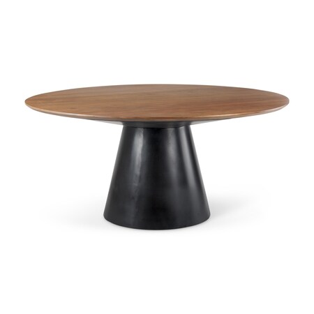 Homeroots 63" Brown and Black Solid Wood and Metal Pedestal Base Round Top Dining Table 597661