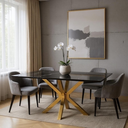 Homeroots 63" Black and Gold Marble and Metal Cross Leg Base Dining Table 602325