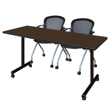 Regency Kobe Mobile T-Base Training Table W/ 2 Stack Chairs, 60 in W, 24 in L, Neo Walnut MKTRCC6024NW23BK