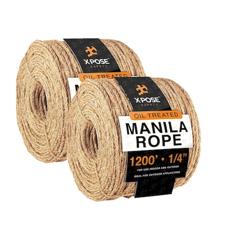 Xpose Safety Manila Rope, 1/4 Inch 1200ft 3-Strand Natural Fiber Cordage for Crafts & Outdoor Use, 2PK MR14-1200-2-X-S